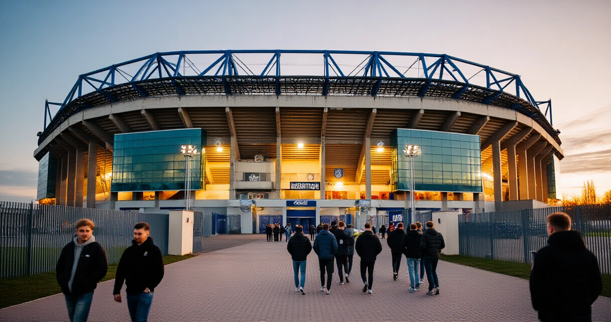 Eurooppalainen jalkapallostadion iltahämärässä fanien virratessa sisään