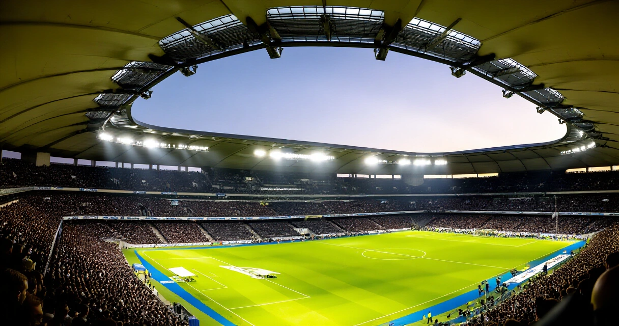 Täysi jalkapallostadion illalla ennen Mestarien liigan ottelua