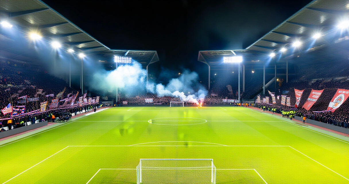 Täysi jalkapallostadion yöllä Mestarien liigan ottelun tunnelmassa